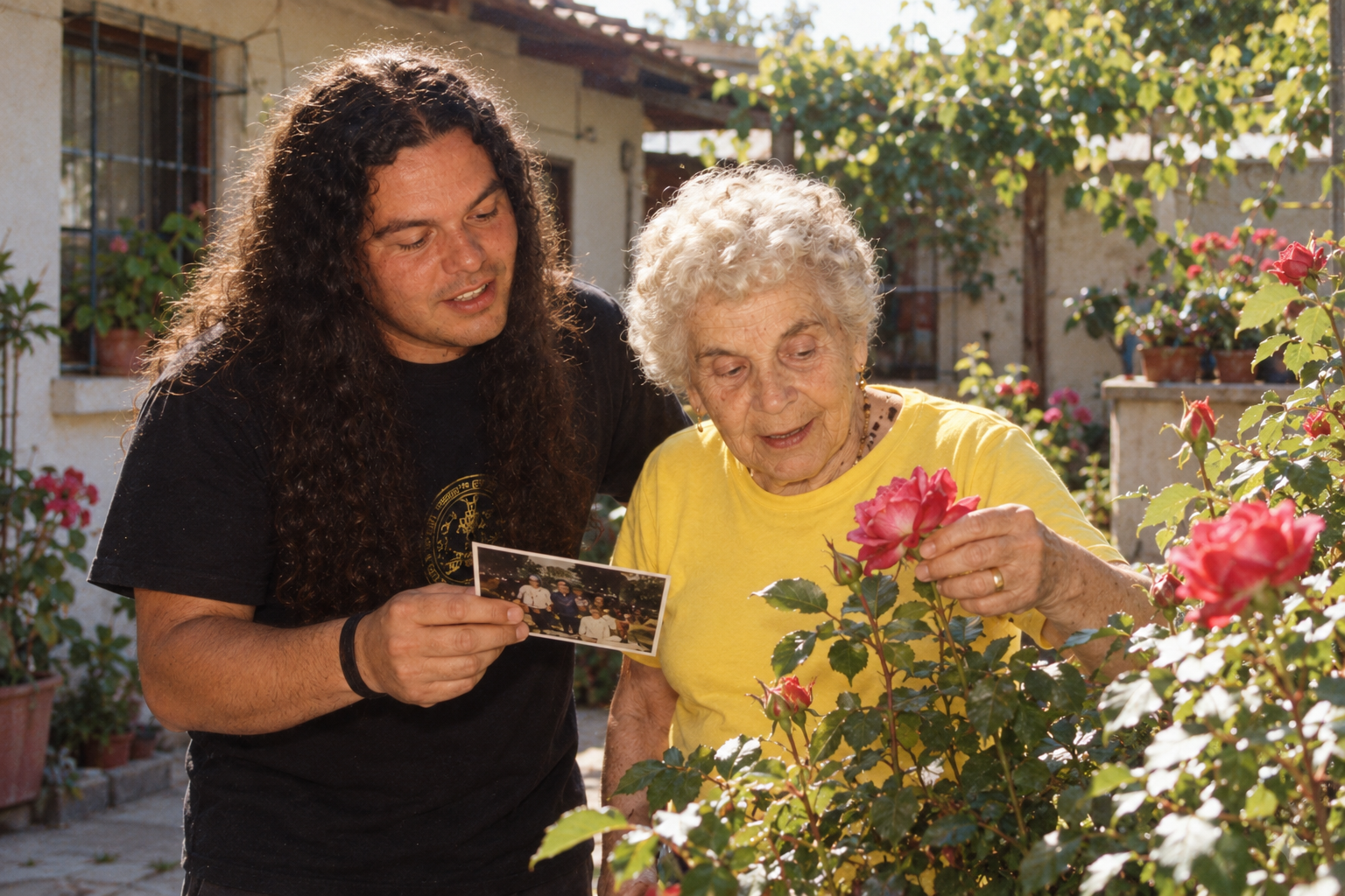 La abuela muestra sus rosales a su nieto y le cuenta una historia
