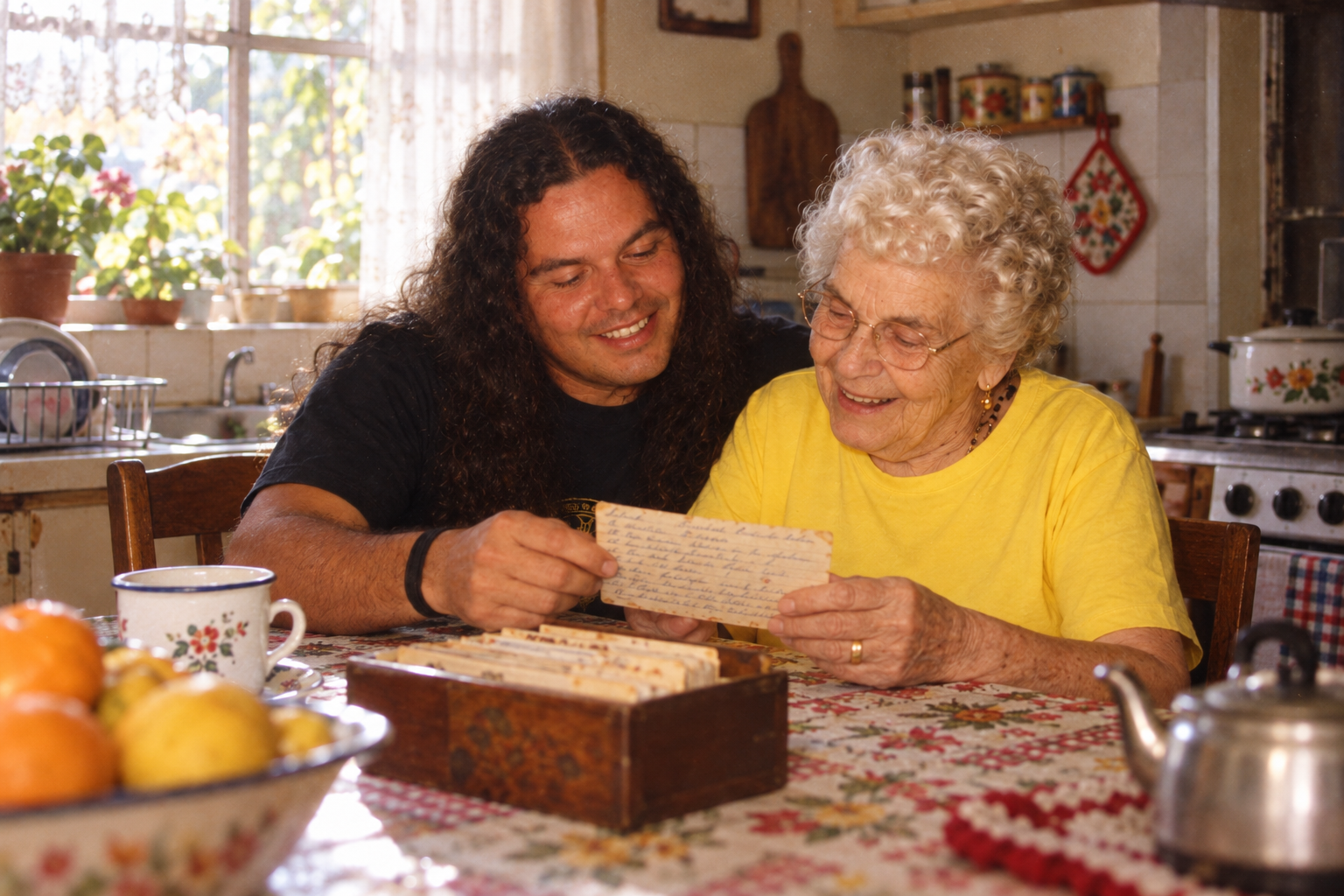 La abuela comparte una receta escrita a mano con su nieto