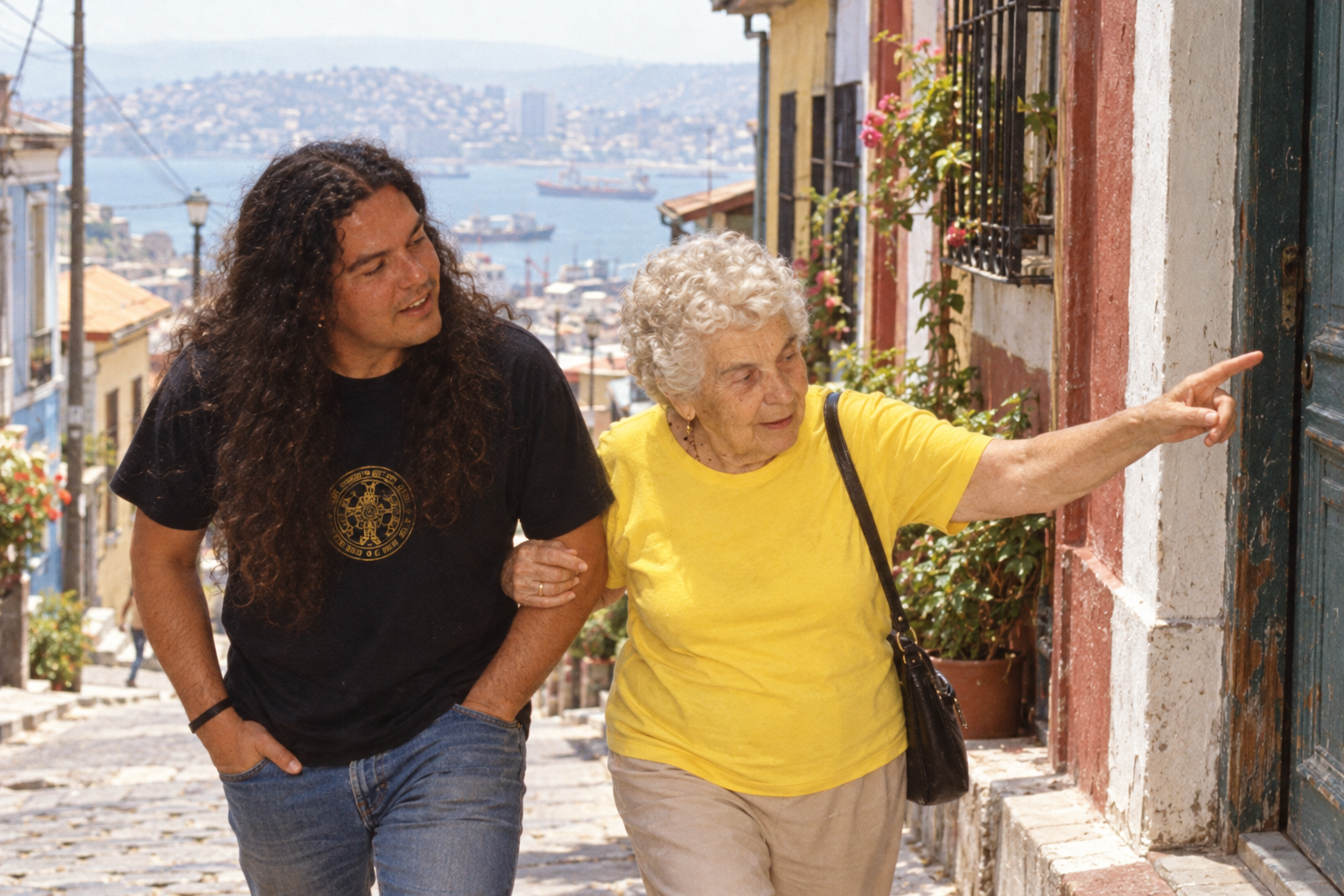 La abuela señala una casa antigua de Valparaíso mientras camina con su nieto